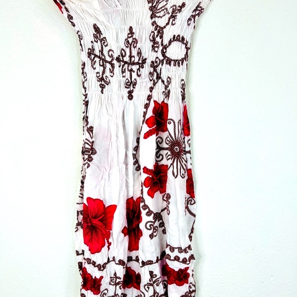 Strapless Smocked Dress White Pink Floral Boho Beach Cover-Up Small 27.5” Length - Picture 8 of 9